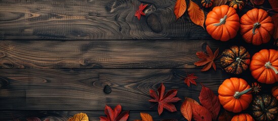Poster - A flat lay image of Halloween pumpkins autumn leaves on a wooden table with space for text. copy space available