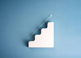 Wall Mural - Business growth performance concept. Thin arrow rising on modern white geometric stair 4 level steps as a growing graph isolated on blue background. Simple 3d progress chart object minimal style.