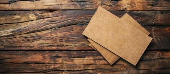 Fototapete - Card holder with blank kraft business cards on light wooden table background with copy space image