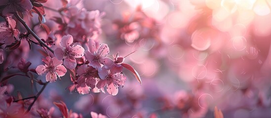 Poster - A lovely spring atmosphere with a flowering tree showcasing pink blossoms Ideal for a picturesque springtime backdrop with copy space image