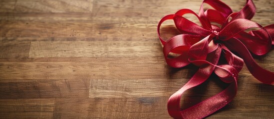 Poster - A section of red ribbon on a wooden table creating a festive Christmas background with copy space image