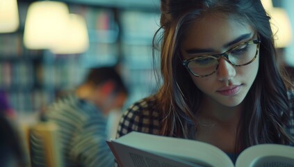 Poster - In a serene library, a young woman reads attentively. The calm atmosphere is perfect for focused study, surrounded by bookshelves and soft lighting, fostering an academic and scholarly environment