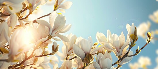 Aufkleber - Beautiful spring backdrop featuring a blooming white magnolia tree set against a clear blue sky perfect for copy space image