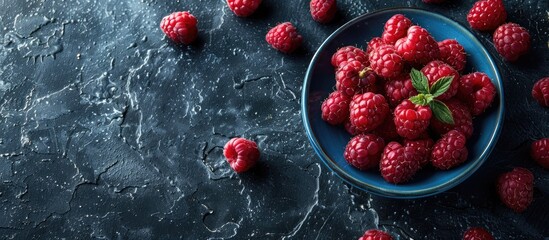 Poster - Top down view of ripe raspberries in a blue bowl on a rugged black backdrop with space for text or images in the scene. copy space available