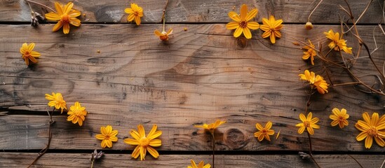 Poster - Top view of yellow flowers on a wooden surface with copy space image available for text or design elements
