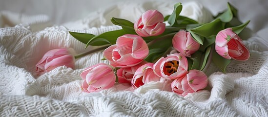 Poster - A colorful bouquet of pink tulips resting on a crumpled white blanket provides a serene backdrop with ample copy space showcasing the beauty of spring flowers an ideal gift for a lady or a heartfelt