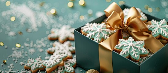Poster - Festive gift box with golden bow filled with snowflake shaped cookies featuring a New Year s and Christmas theme with room for a copy space image