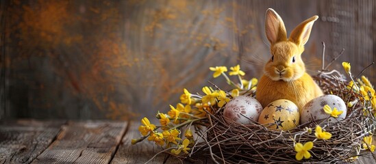 Poster - Holiday card with natural dyed Easter eggs and rabbit decorations on a wooden background alongside a stylish yellow bunny in a nest of spring flowers on a rustic table with copy space image