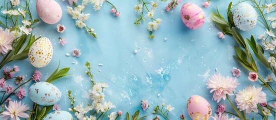 Poster - An Easter themed flat lay frame background featuring colorful eggs and spring flowers ideal for a spring holiday greeting card with a copy space image