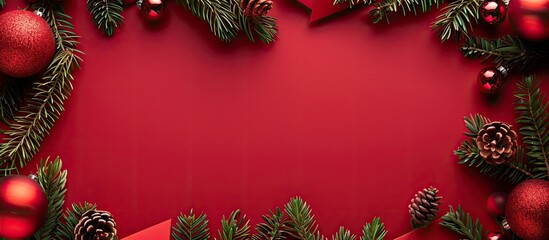 Fototapete - Top view table top frame with pine branches red paper texture and Christmas baubles creating a festive background for a greeting card with copy space image
