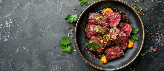Poster - A dish featuring sliced beef tongue with mustard on a gray background View from above with room for text alongside suitable for a copy space image A chilled gourmet starter