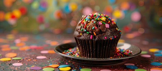 Wall Mural - A chocolate muffin adorned with colorful confetti on a shiny plate with a colorful backdrop ideal for a copy space image