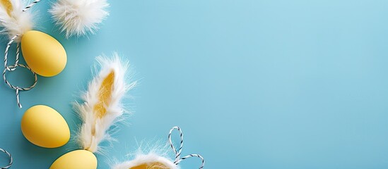 Aufkleber - Top view of yellow paper eggs fluffy white rabbit ears on a blue background embodying an Easter and spring theme allowing for copy space image