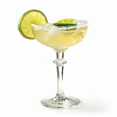 Wall Mural - perfectly crafted margarita cocktail isolated on crisp white background salted rim lime garnish and condensation droplets accentuate the refreshing appeal of this classic drink