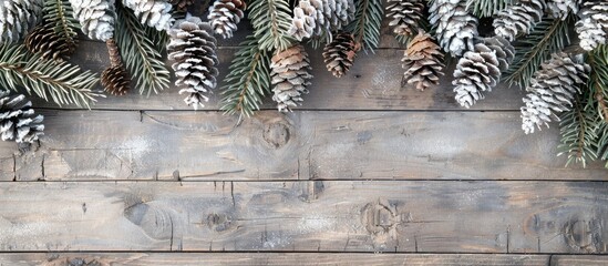 Poster - Top view of rustic Christmas decorations on a weathered wooden surface adorned with fir cones creating a wintry background with space for text or images. copy space available
