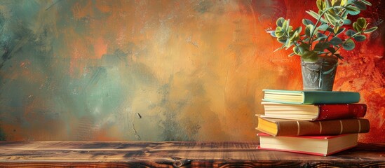 Aufkleber - Educational books on a wooden desk against an abstract backdrop with copy space image ideal for back to school season