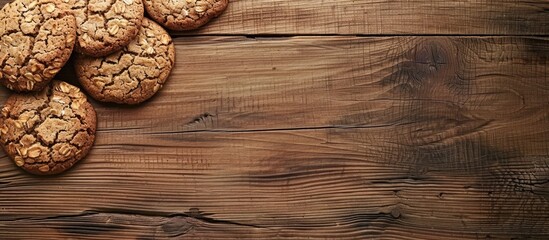 Poster - Oatmeal cookies displayed beautifully on a wooden table with copy space image
