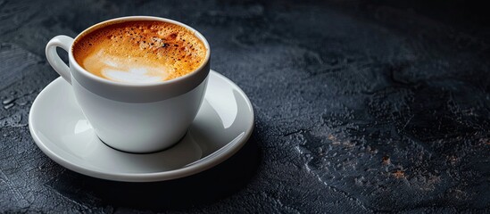 Aufkleber - Coffee cup with frothy foam on a white saucer against a dark backdrop with copy space image