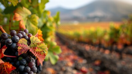 Close-up of a vineyard displaying ripe, purple grapes hanging from the vine along with colorful leaves, with a distant view of mountains and blurred landscape in the background.