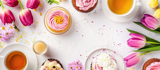 Leinwandbilder - A Women s Day greeting card featuring tulips mimosa tea and cupcakes against a white backdrop with copy space image
