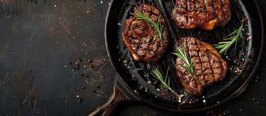 Aufkleber - Rib eye steaks grilling on a pan with a background of copy space image
