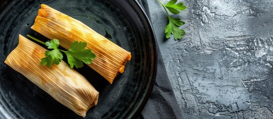Poster - Central American and Colombian cuisine showcased with tamales on a black plate against a backdrop of gray stone perfect for a copy space image