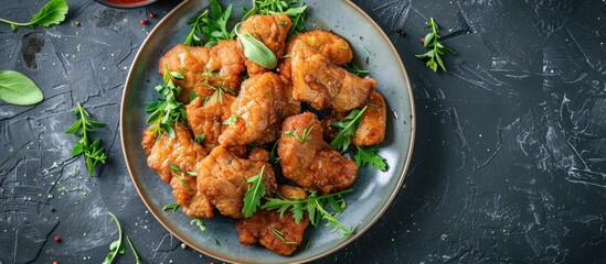 Chinese style fried pork prepared by coating it in a mixture of flour and eggs ready for deep frying with copy space image included