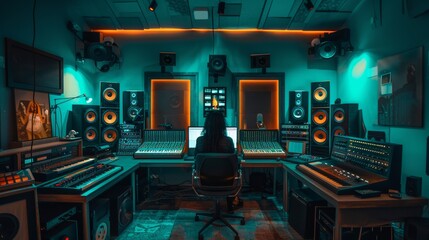 Luxurious recording studio inside the room Woman in dark style, realistic photography, soft ambient lighting, colored lights, camera lens, analog synth. 