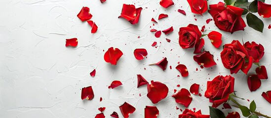Poster - Top down view of lovely red roses and petals on a white backdrop with room for text in the copy space image