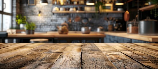 Aufkleber - Blurry kitchen background showcasing a wooden table surface suitable for product display or design concept with copy space image