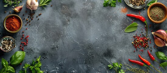 Poster - Top view of a gray stone table with an assortment of spices and herbs creating a food cooking background perfect for a copy space image
