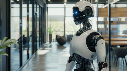 Poster - futuristic Ai humanoid robot standing in modern office, AI workforce 
