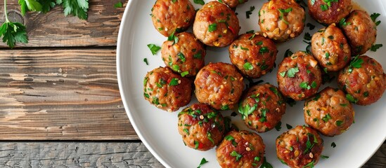 Poster - Chicken meatballs with a Turkish twist seasoned with coriander parsley chili and pistachio arranged on a wooden surface White plate backdrop with copy space Top view angle in the horizontal image