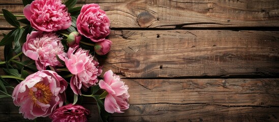 Aufkleber - Floral peonies elegantly displayed on a rustic wooden background creating a visually appealing copy space image