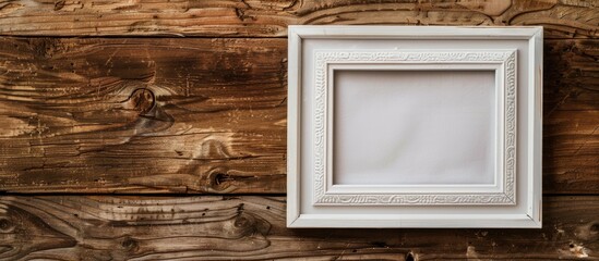 Poster - White picture frame with blank copy space image on a wooden textured background