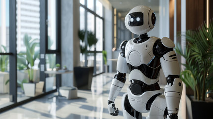 Poster - futuristic Ai humanoid robot standing in modern office, AI workforce 