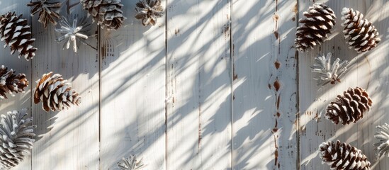 Poster - Rustic white wooden table adorned with snowy pine cones and a sunlit shadow creating a Christmas themed copy space image