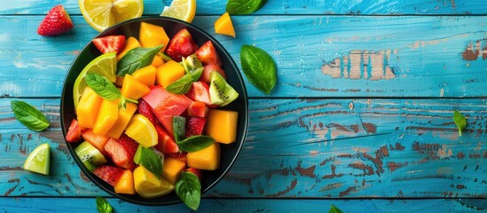 Poster - Healthy food fresh fruit and vegetable salad on a blue wooden backdrop in a top down view providing ample copy space image