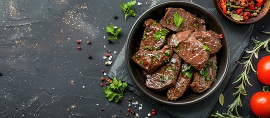 Poster - Spiced beef liver with herbs and vegetables on a stone table with copy space image