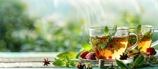 Aufkleber - Healthful herbal tea beverage concentrated and ideal for wellness displayed with open space for text or images. copy space available