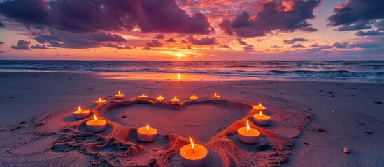 Poster - Candles arranged in a heart shape on sandy beach during dusk set against a colorful sky with dark clouds overhead creating a romantic scene with copy space image