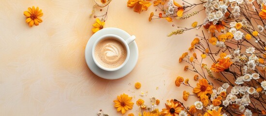 Poster - Overhead view flat lay showcasing an autumn flower theme with a copy space image perfect for coffee lovers
