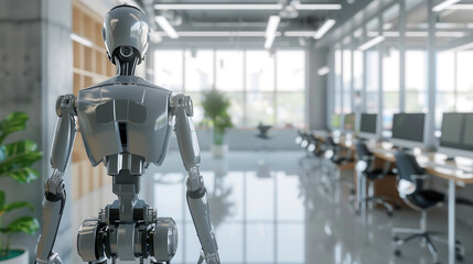 Poster - futuristic Ai humanoid robot standing in modern office, AI workforce 