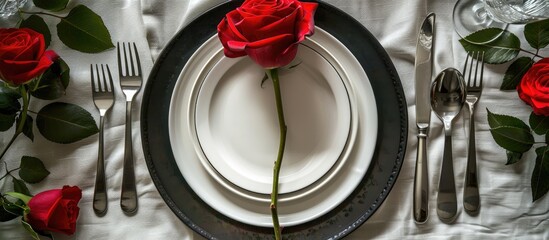 Poster - Top view of an elegant black and white table setting with plates on linen featuring a blank label red rose and silverware creating a visually appealing copy space image