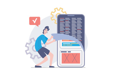 Fototapete - App development concept in modern flat design for web. Man designer programming mobile software, engineering new product, testing and fixing wireframe interface, placing content. Vector illustration.