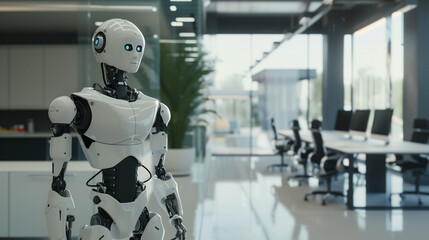 Poster - futuristic Ai humanoid robot standing in modern office, AI workforce 