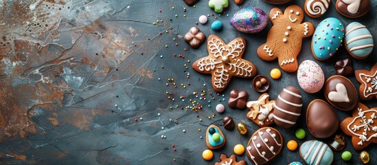 Aufkleber - Top down view of an Easter greeting card featuring a variety of colorful gingerbread cookies chocolate eggs and candies displayed on a stone table with copy space image