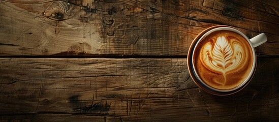 Aufkleber - Flat lay style cup of cappuccino with latte art on a wooden background providing a visually appealing copy space image