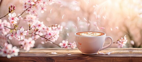Aufkleber - Coffee cup adorned with latte art on a wooden table against a backdrop of sakura or cherry blossoms creates an elegant composition in a copy space image