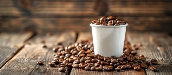 Aufkleber - Desaturated wooden background highlighting coffee beans in a white cap emphasizing the concept of the drink with copy space image